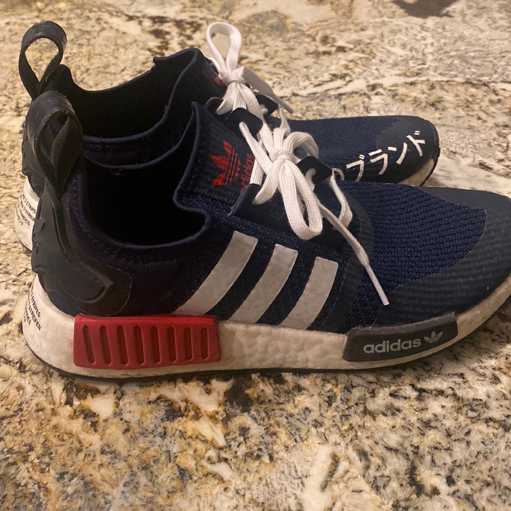 Boys adidas tennis shoes- navy with white and red size 6